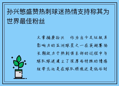 孙兴慜盛赞热刺球迷热情支持称其为世界最佳粉丝